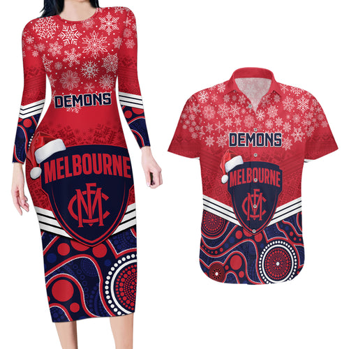 custom-melbourne-football-christmas-couples-matching-long-sleeve-bodycon-dress-and-hawaiian-shirt-merry-xmas-2023-mix-aboriginal-art