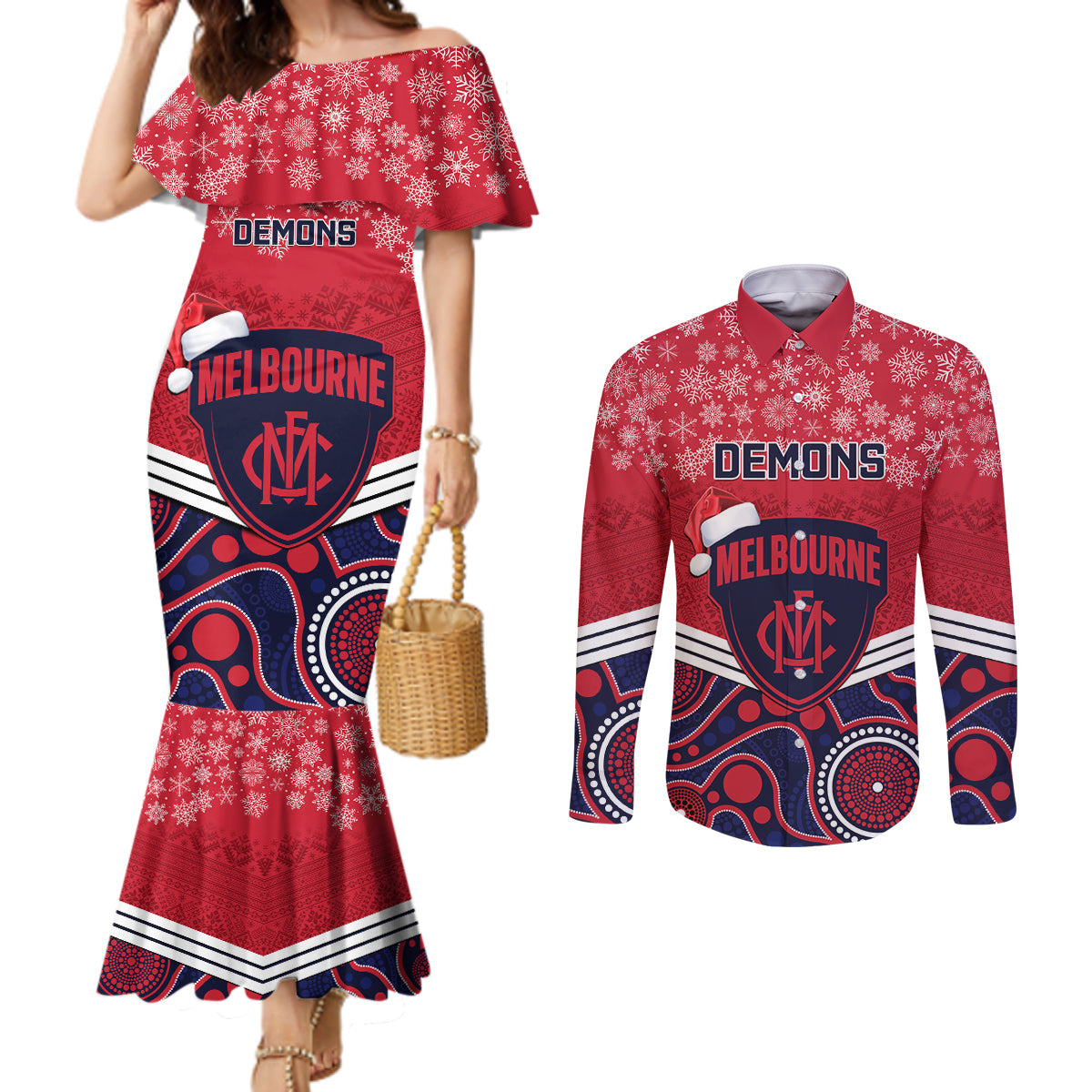 custom-melbourne-football-christmas-couples-matching-mermaid-dress-and-long-sleeve-button-shirt-merry-xmas-2023-mix-aboriginal-art