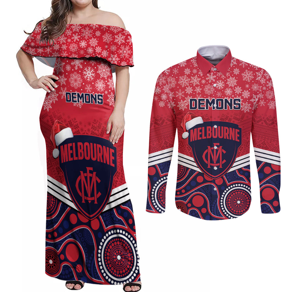 custom-melbourne-football-christmas-couples-matching-off-shoulder-maxi-dress-and-long-sleeve-button-shirt-merry-xmas-2023-mix-aboriginal-art