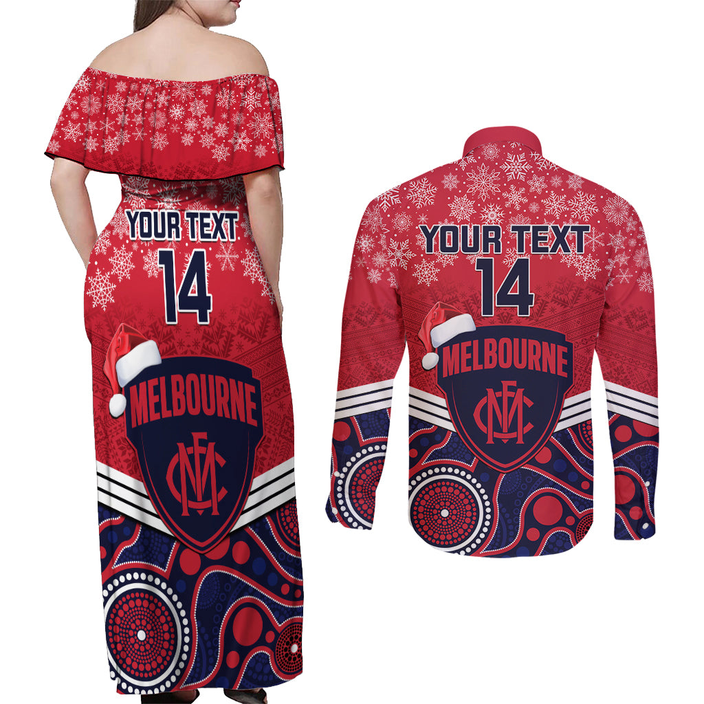 custom-melbourne-football-christmas-couples-matching-off-shoulder-maxi-dress-and-long-sleeve-button-shirt-merry-xmas-2023-mix-aboriginal-art