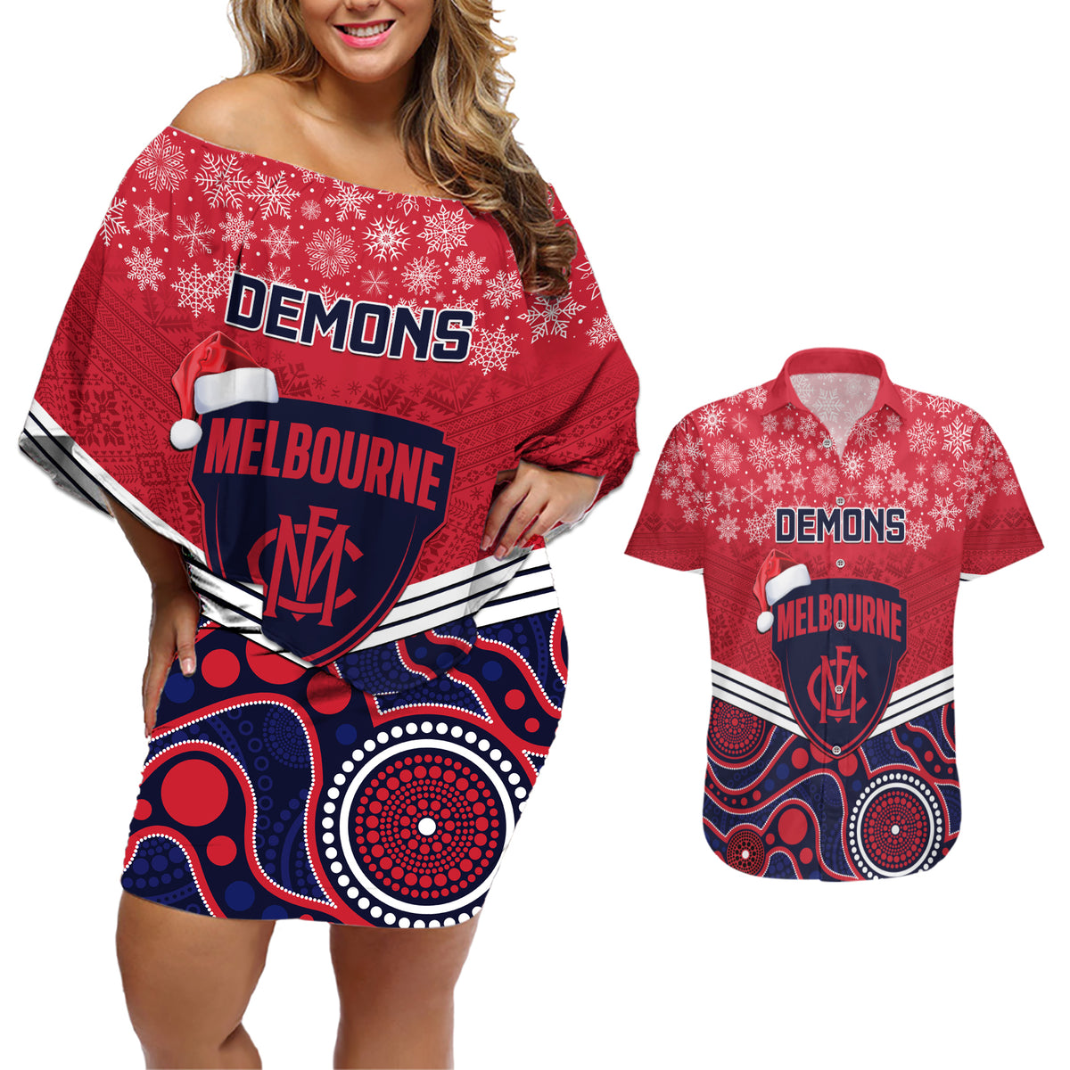 custom-melbourne-football-christmas-couples-matching-off-shoulder-short-dress-and-hawaiian-shirt-merry-xmas-2023-mix-aboriginal-art