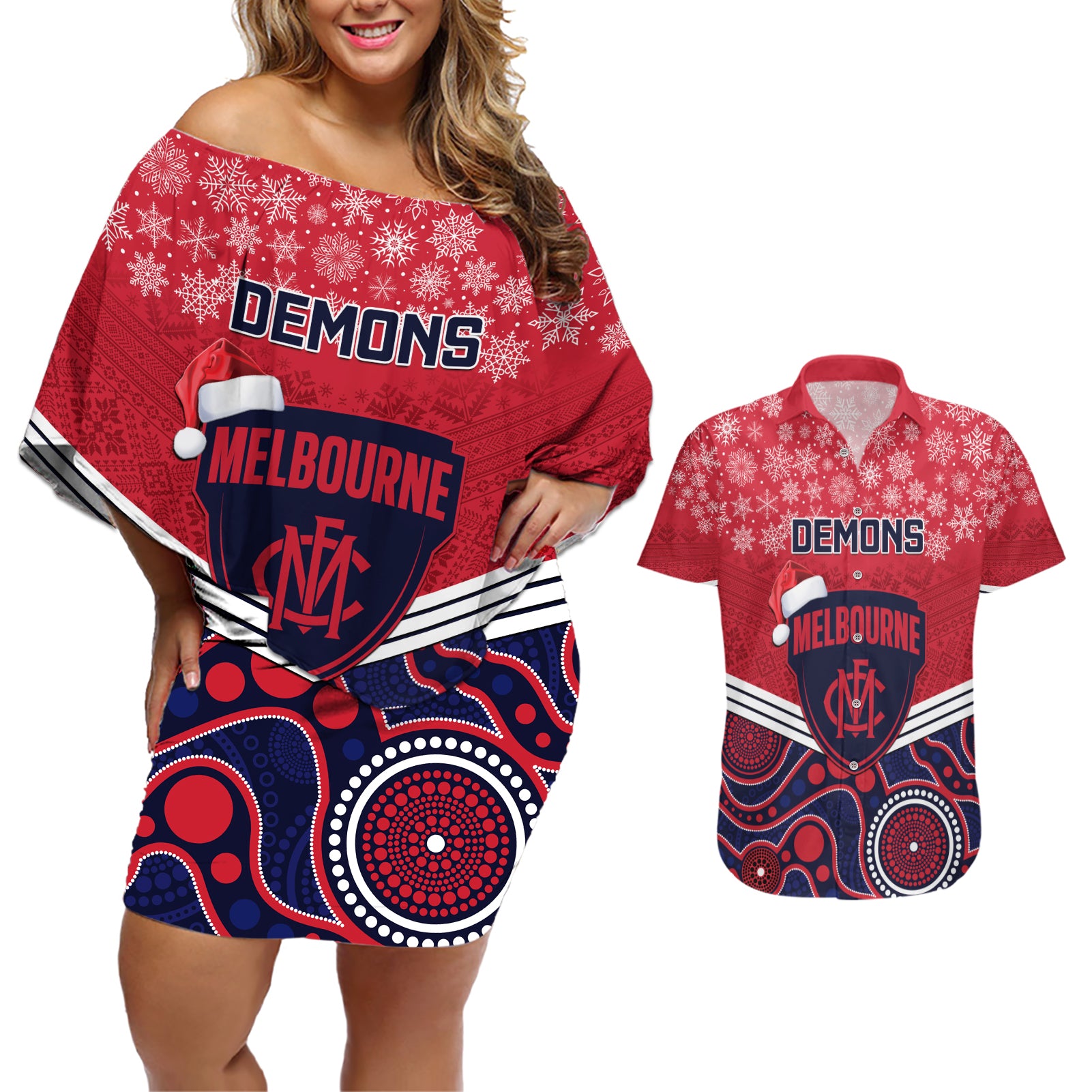 custom-melbourne-football-christmas-couples-matching-off-shoulder-short-dress-and-hawaiian-shirt-merry-xmas-2023-mix-aboriginal-art