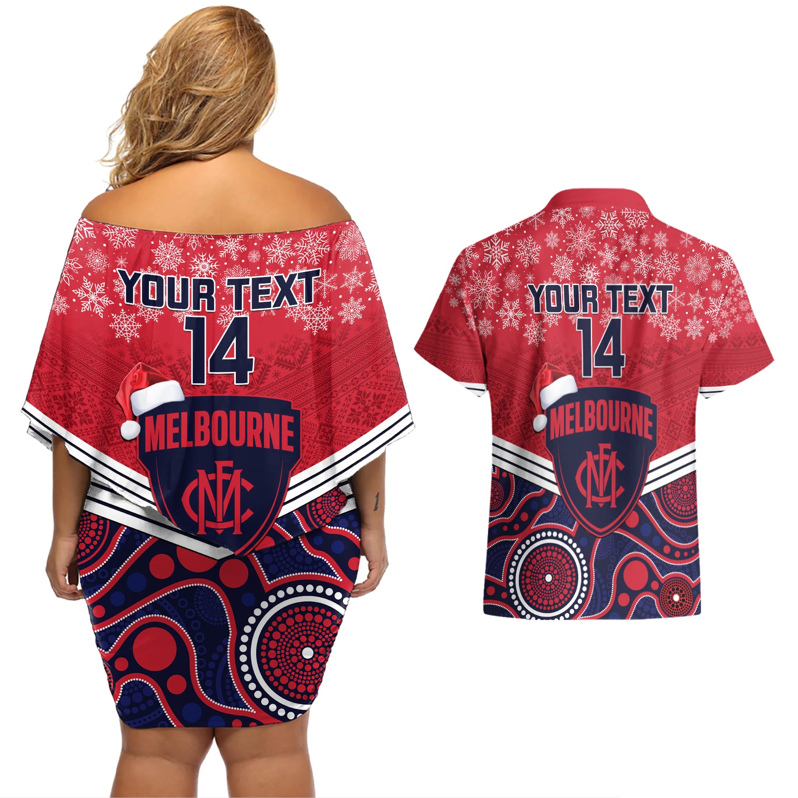 custom-melbourne-football-christmas-couples-matching-off-shoulder-short-dress-and-hawaiian-shirt-merry-xmas-2023-mix-aboriginal-art