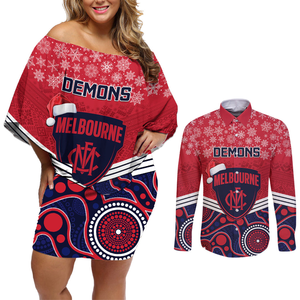 custom-melbourne-football-christmas-couples-matching-off-shoulder-short-dress-and-long-sleeve-button-shirt-merry-xmas-2023-mix-aboriginal-art