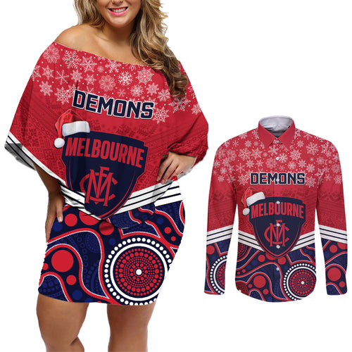 custom-melbourne-football-christmas-couples-matching-off-shoulder-short-dress-and-long-sleeve-button-shirt-merry-xmas-2023-mix-aboriginal-art
