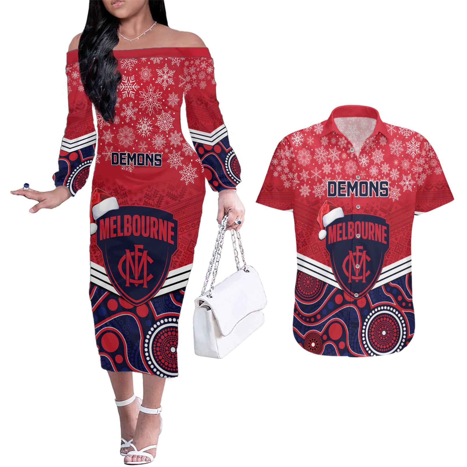 custom-melbourne-football-christmas-couples-matching-off-the-shoulder-long-sleeve-dress-and-hawaiian-shirt-merry-xmas-2023-mix-aboriginal-art