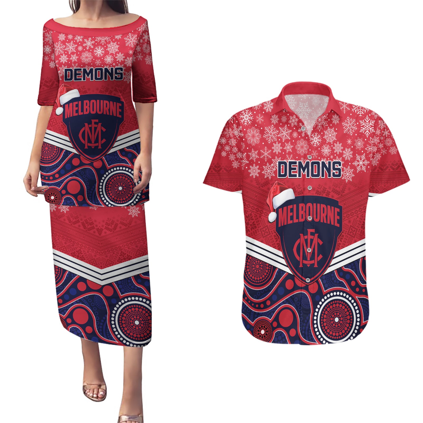 custom-melbourne-football-christmas-couples-matching-puletasi-dress-and-hawaiian-shirt-merry-xmas-2023-mix-aboriginal-art