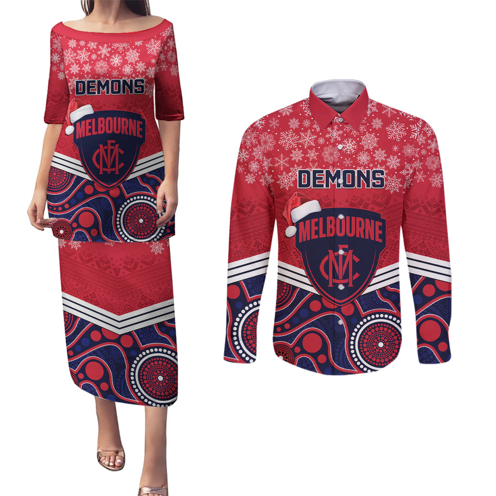 custom-melbourne-football-christmas-couples-matching-puletasi-dress-and-long-sleeve-button-shirt-merry-xmas-2023-mix-aboriginal-art