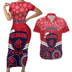 custom-melbourne-football-christmas-couples-matching-short-sleeve-bodycon-dress-and-hawaiian-shirt-merry-xmas-2023-mix-aboriginal-art