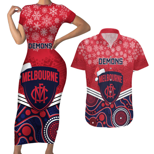custom-melbourne-football-christmas-couples-matching-short-sleeve-bodycon-dress-and-hawaiian-shirt-merry-xmas-2023-mix-aboriginal-art