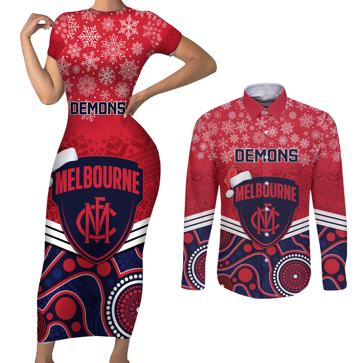 custom-melbourne-football-christmas-couples-matching-short-sleeve-bodycon-dress-and-long-sleeve-button-shirt-merry-xmas-2023-mix-aboriginal-art