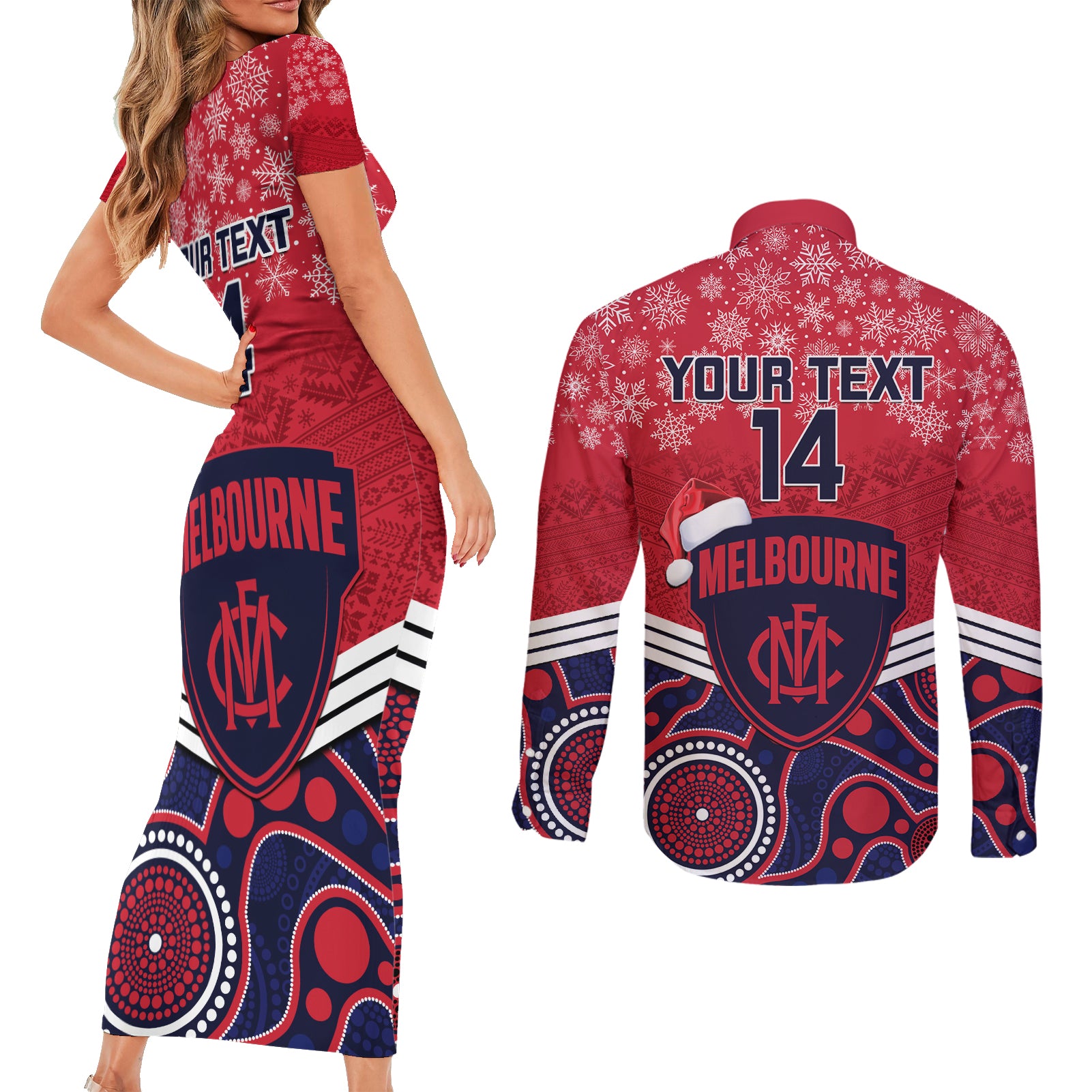 custom-melbourne-football-christmas-couples-matching-short-sleeve-bodycon-dress-and-long-sleeve-button-shirt-merry-xmas-2023-mix-aboriginal-art