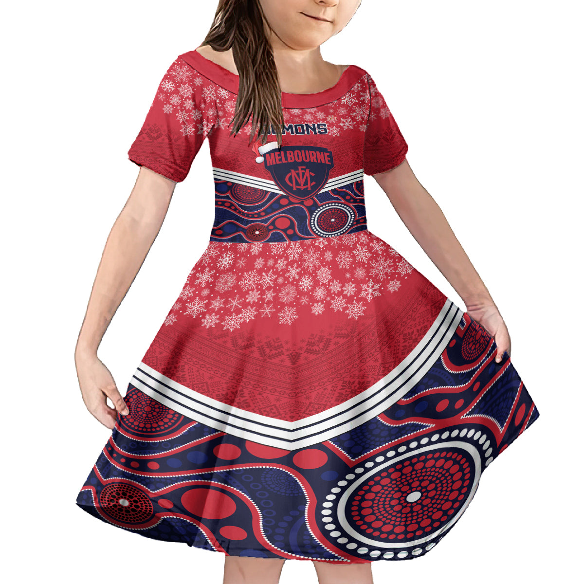 custom-melbourne-football-christmas-kid-short-sleeve-dress-merry-xmas-2023-mix-aboriginal-art