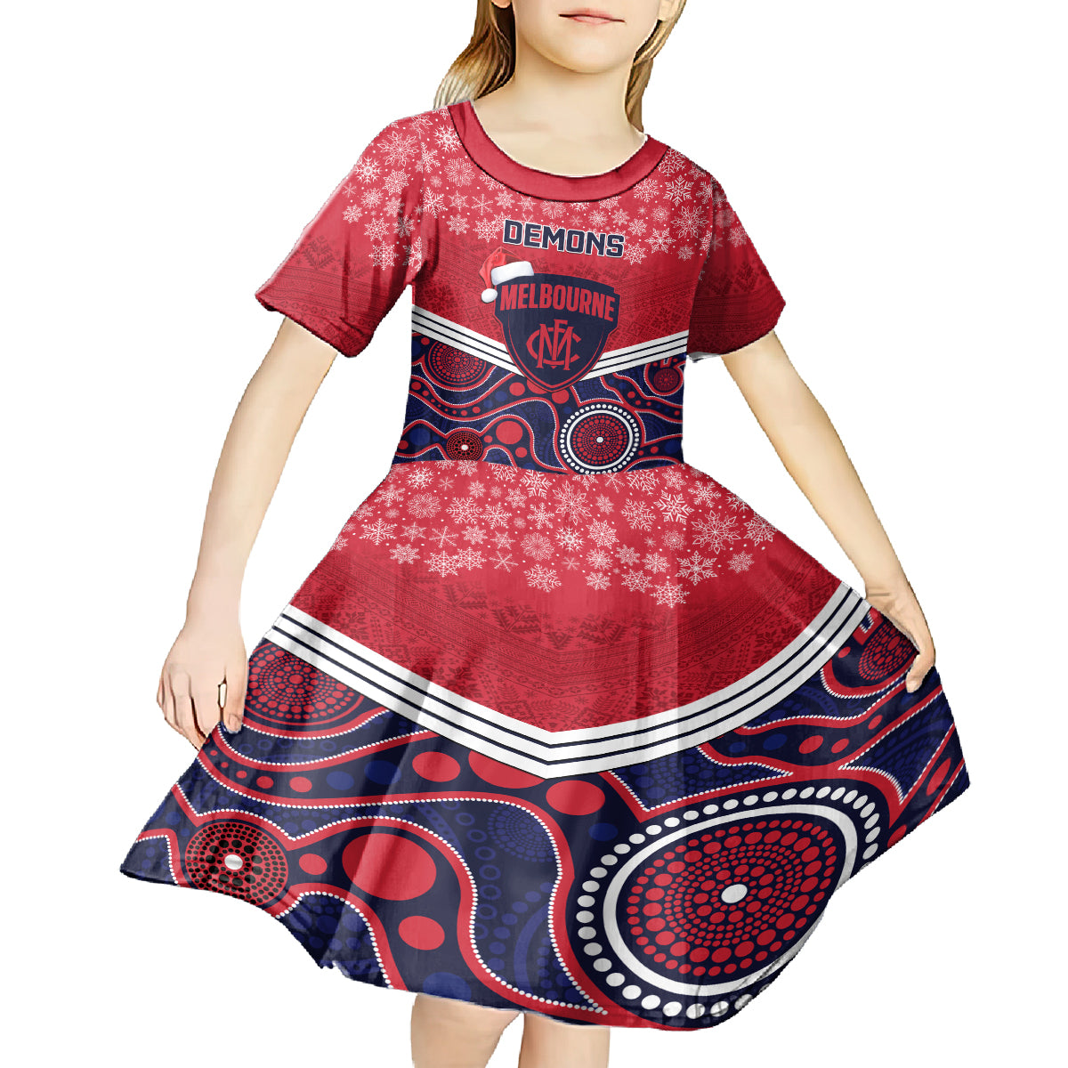 custom-melbourne-football-christmas-kid-short-sleeve-dress-merry-xmas-2023-mix-aboriginal-art