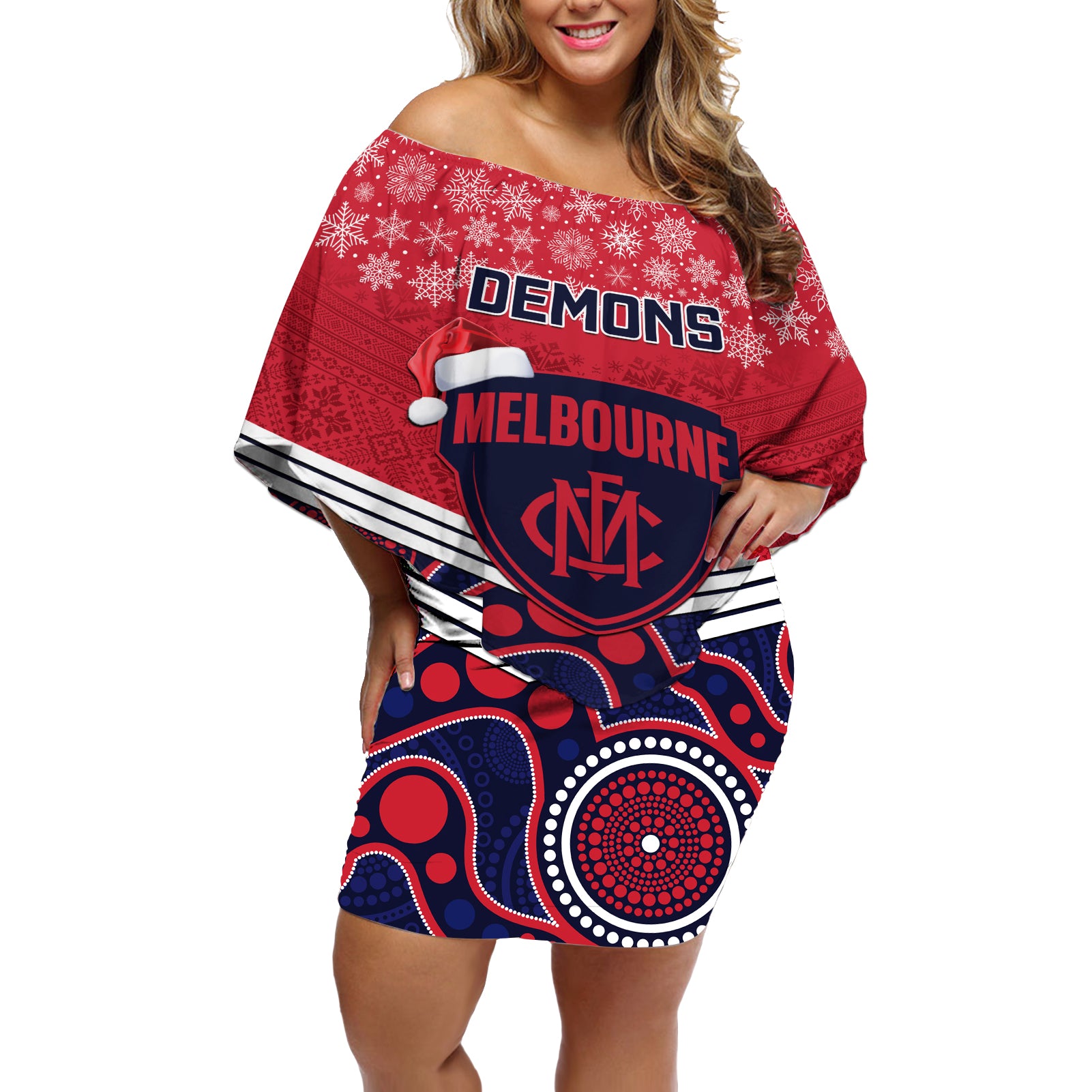 custom-melbourne-football-christmas-off-shoulder-short-dress-merry-xmas-2023-mix-aboriginal-art