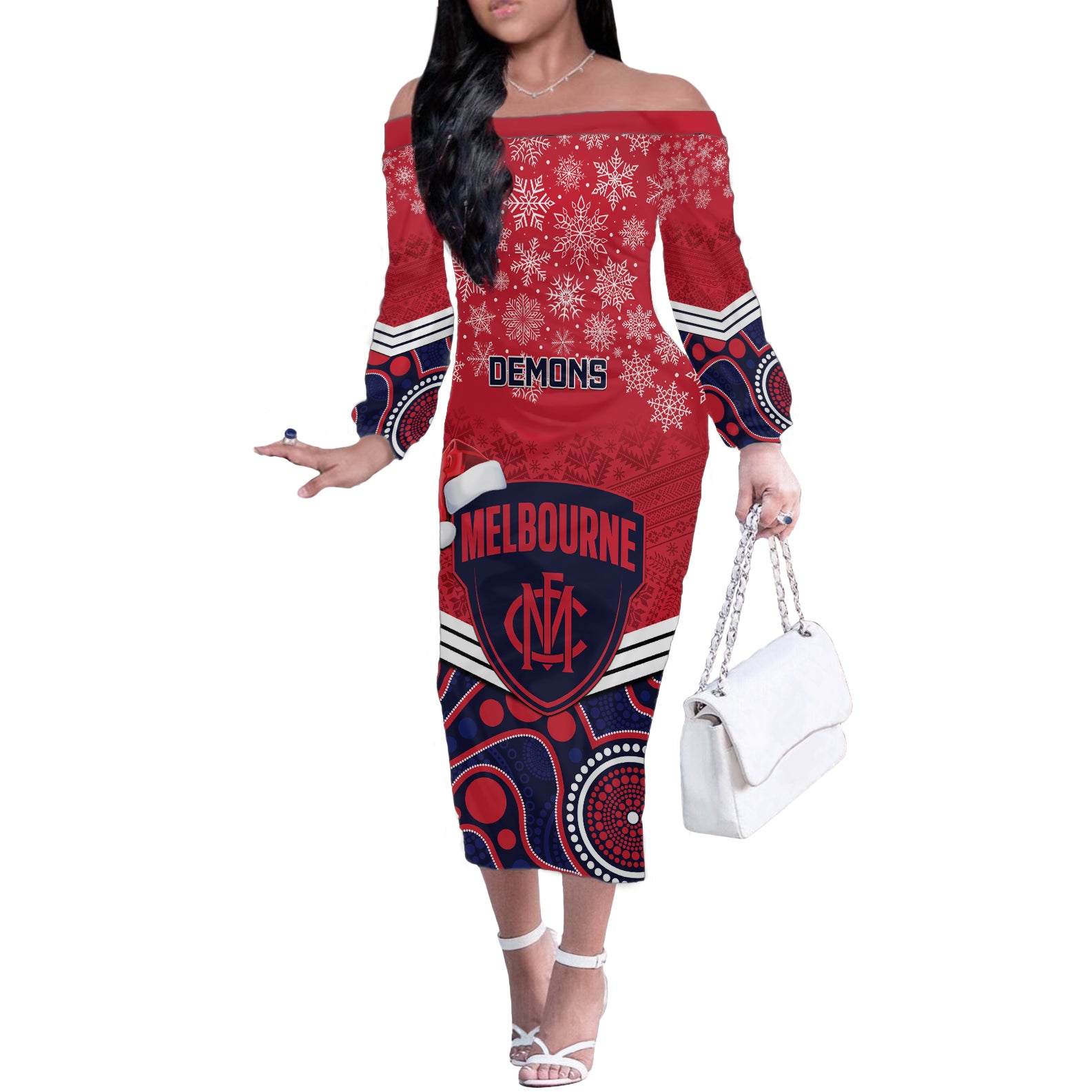 custom-melbourne-football-christmas-off-the-shoulder-long-sleeve-dress-merry-xmas-2023-mix-aboriginal-art