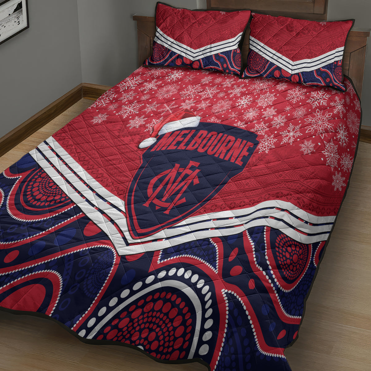 custom-melbourne-football-christmas-quilt-bed-set-merry-xmas-2023-mix-aboriginal-art
