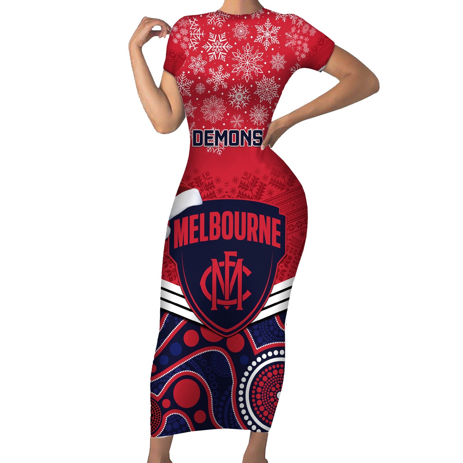 custom-melbourne-football-christmas-short-sleeve-bodycon-dress-merry-xmas-2023-mix-aboriginal-art