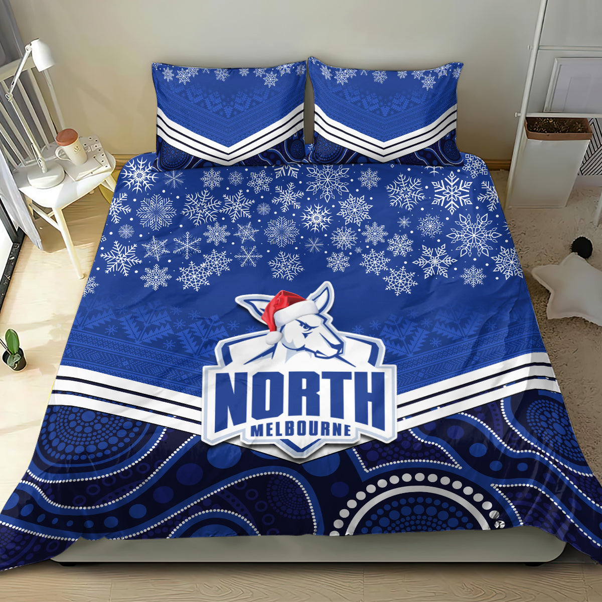 custom-north-melbourne-football-christmas-bedding-set-merry-xmas-2023-mix-aboriginal-art