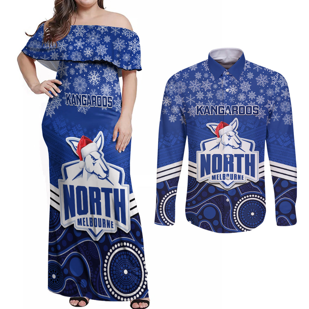 custom-north-melbourne-football-christmas-couples-matching-off-shoulder-maxi-dress-and-long-sleeve-button-shirt-merry-xmas-2023-mix-aboriginal-art