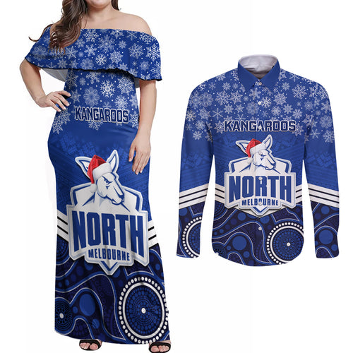 custom-north-melbourne-football-christmas-couples-matching-off-shoulder-maxi-dress-and-long-sleeve-button-shirt-merry-xmas-2023-mix-aboriginal-art