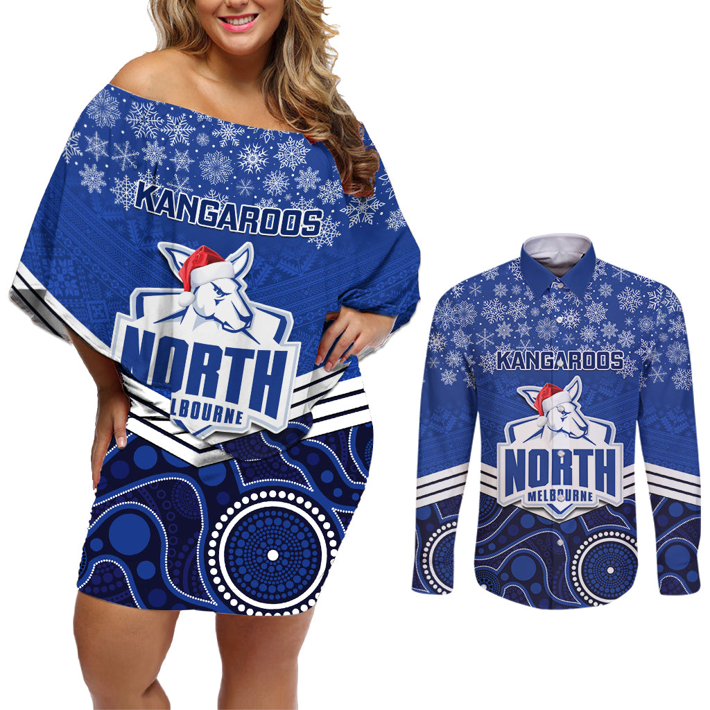 custom-north-melbourne-football-christmas-couples-matching-off-shoulder-short-dress-and-long-sleeve-button-shirt-merry-xmas-2023-mix-aboriginal-art