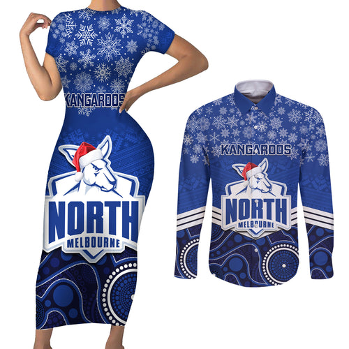 custom-north-melbourne-football-christmas-couples-matching-short-sleeve-bodycon-dress-and-long-sleeve-button-shirt-merry-xmas-2023-mix-aboriginal-art