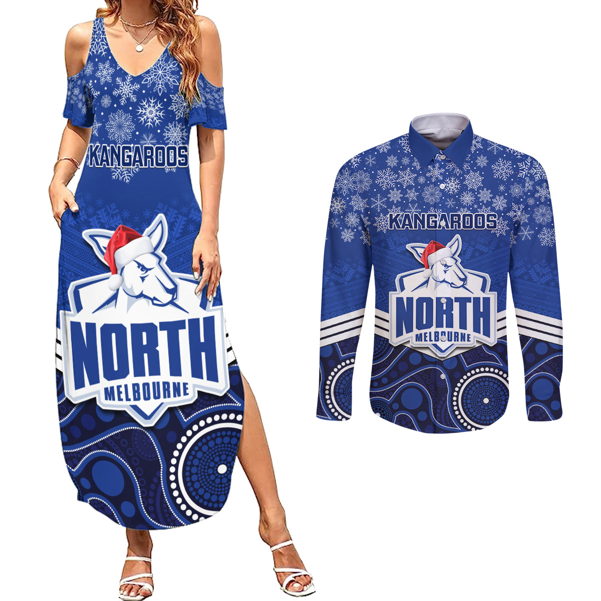 custom-north-melbourne-football-christmas-couples-matching-summer-maxi-dress-and-long-sleeve-button-shirt-merry-xmas-2023-mix-aboriginal-art
