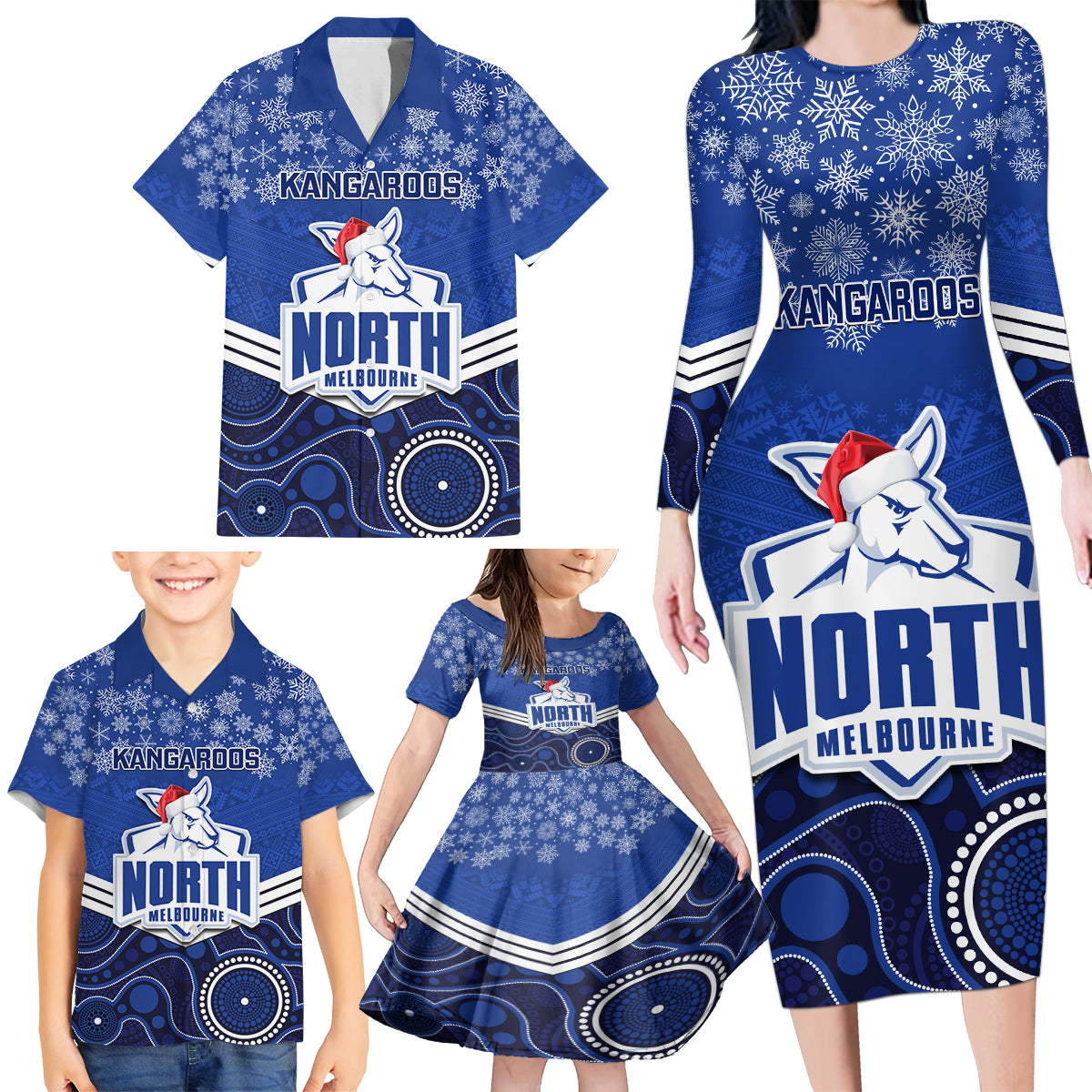 custom-north-melbourne-football-christmas-family-matching-long-sleeve-bodycon-dress-and-hawaiian-shirt-merry-xmas-2023-mix-aboriginal-art