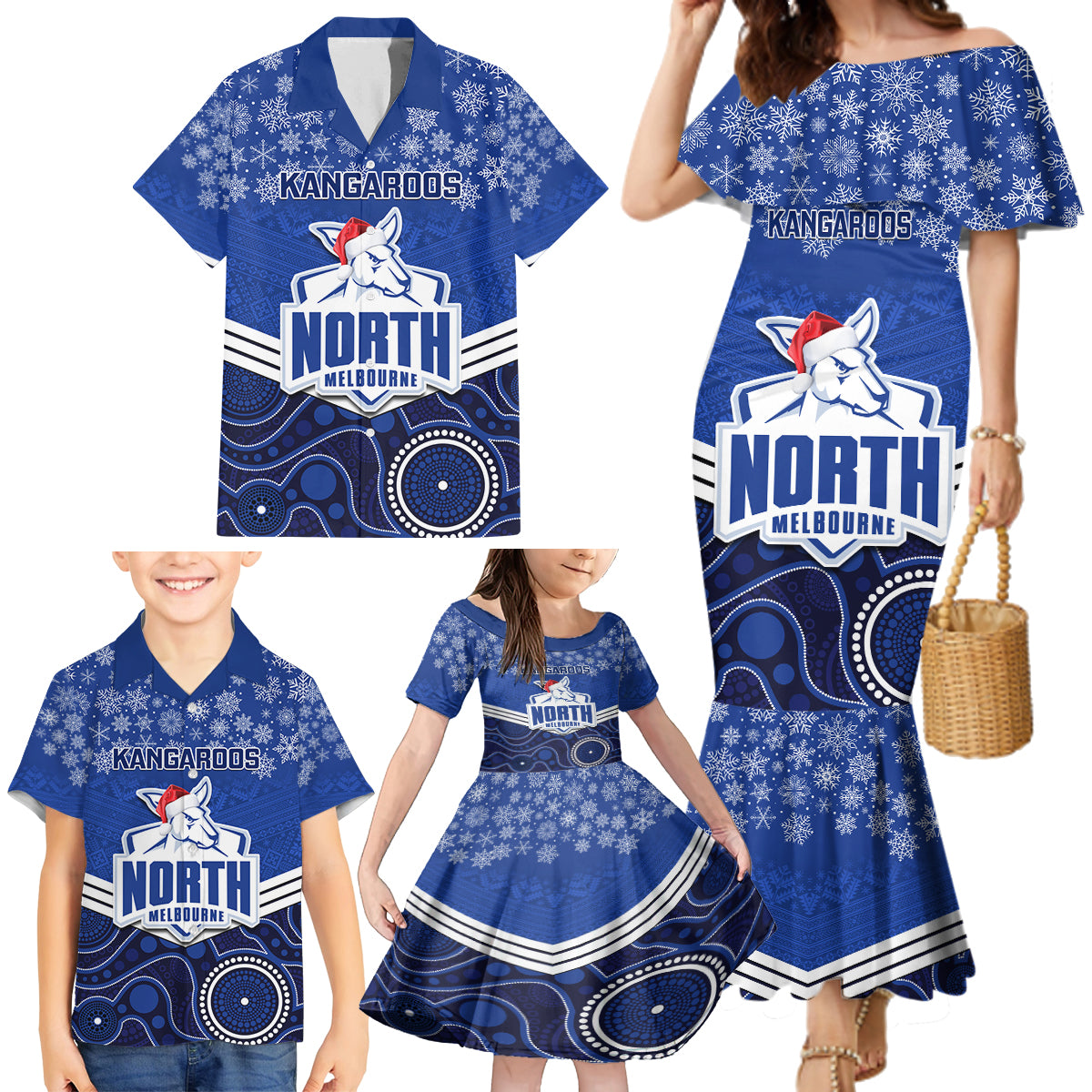 custom-north-melbourne-football-christmas-family-matching-mermaid-dress-and-hawaiian-shirt-merry-xmas-2023-mix-aboriginal-art