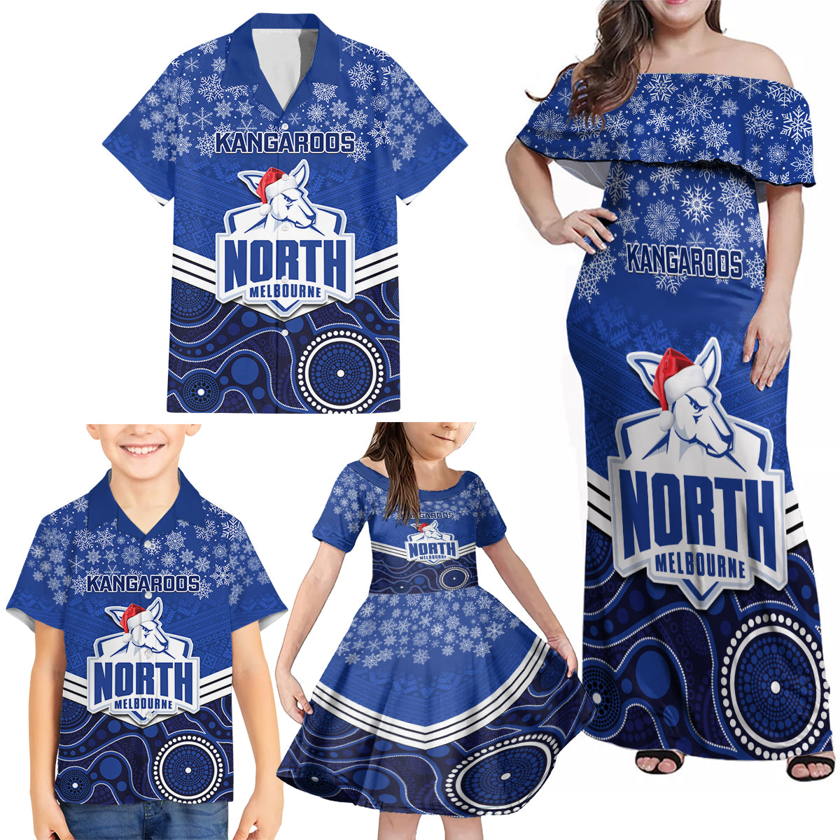 custom-north-melbourne-football-christmas-family-matching-off-shoulder-maxi-dress-and-hawaiian-shirt-merry-xmas-2023-mix-aboriginal-art