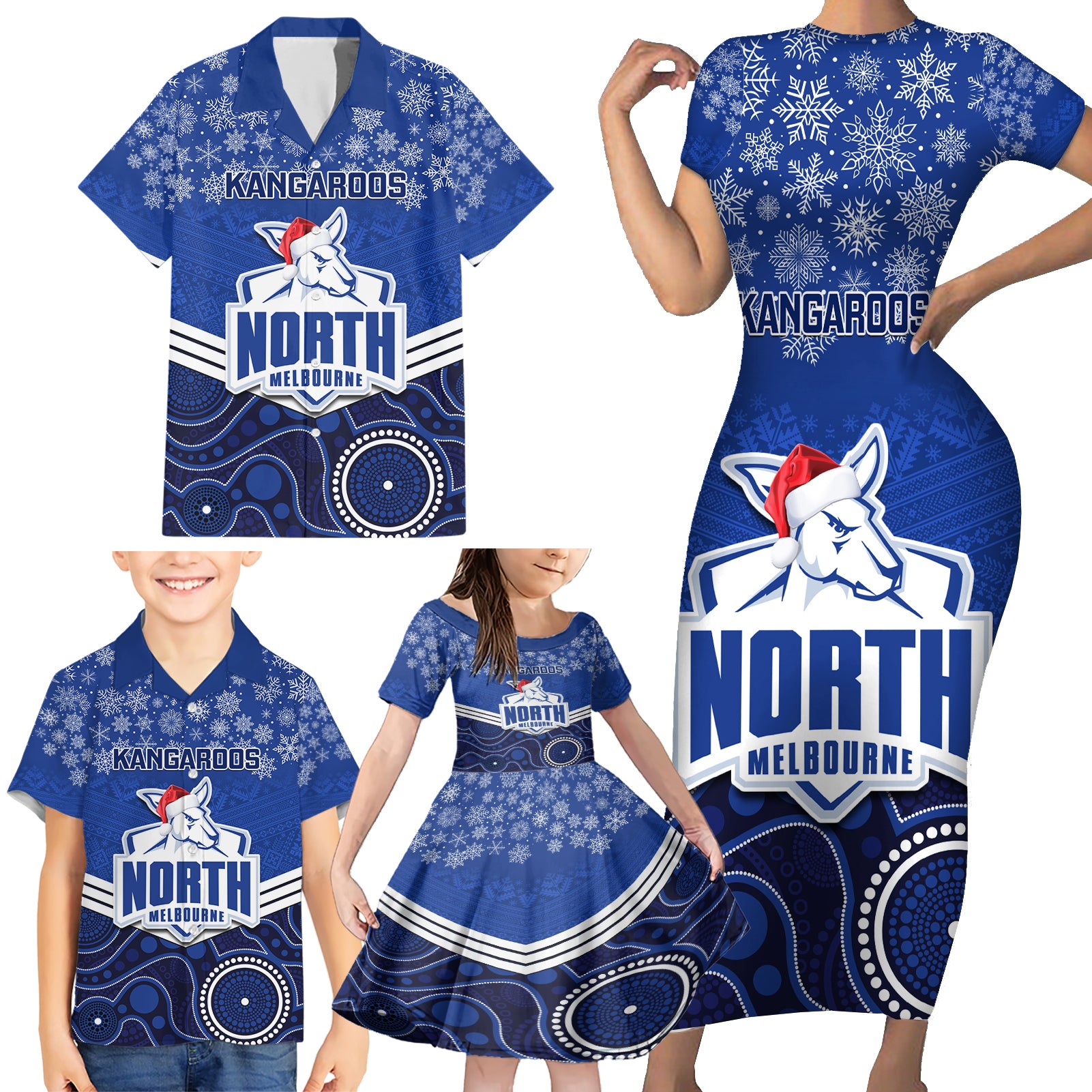 custom-north-melbourne-football-christmas-family-matching-short-sleeve-bodycon-dress-and-hawaiian-shirt-merry-xmas-2023-mix-aboriginal-art