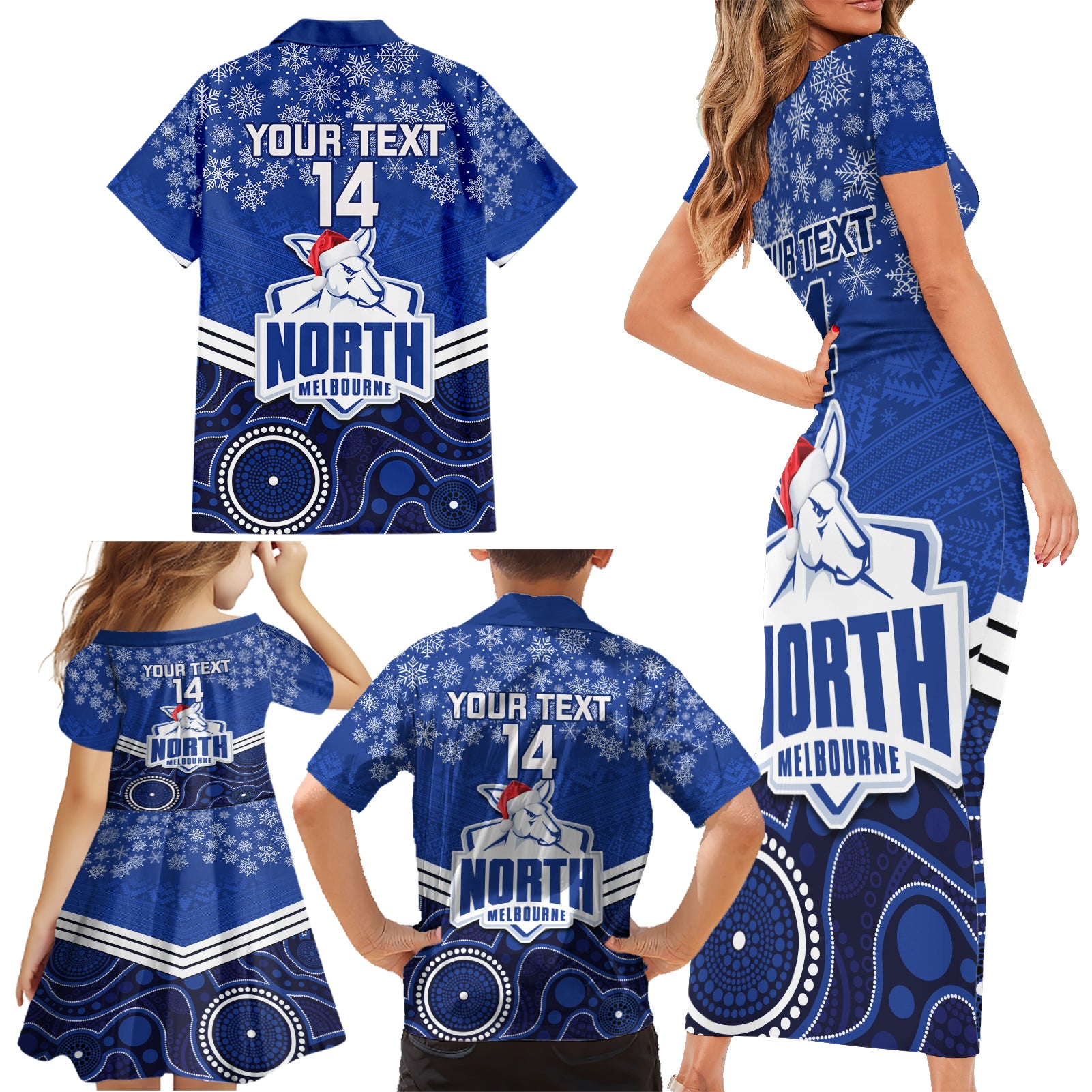 custom-north-melbourne-football-christmas-family-matching-short-sleeve-bodycon-dress-and-hawaiian-shirt-merry-xmas-2023-mix-aboriginal-art