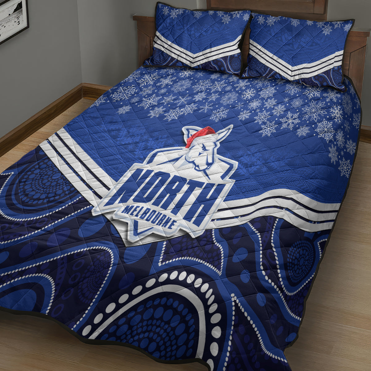 custom-north-melbourne-football-christmas-quilt-bed-set-merry-xmas-2023-mix-aboriginal-art