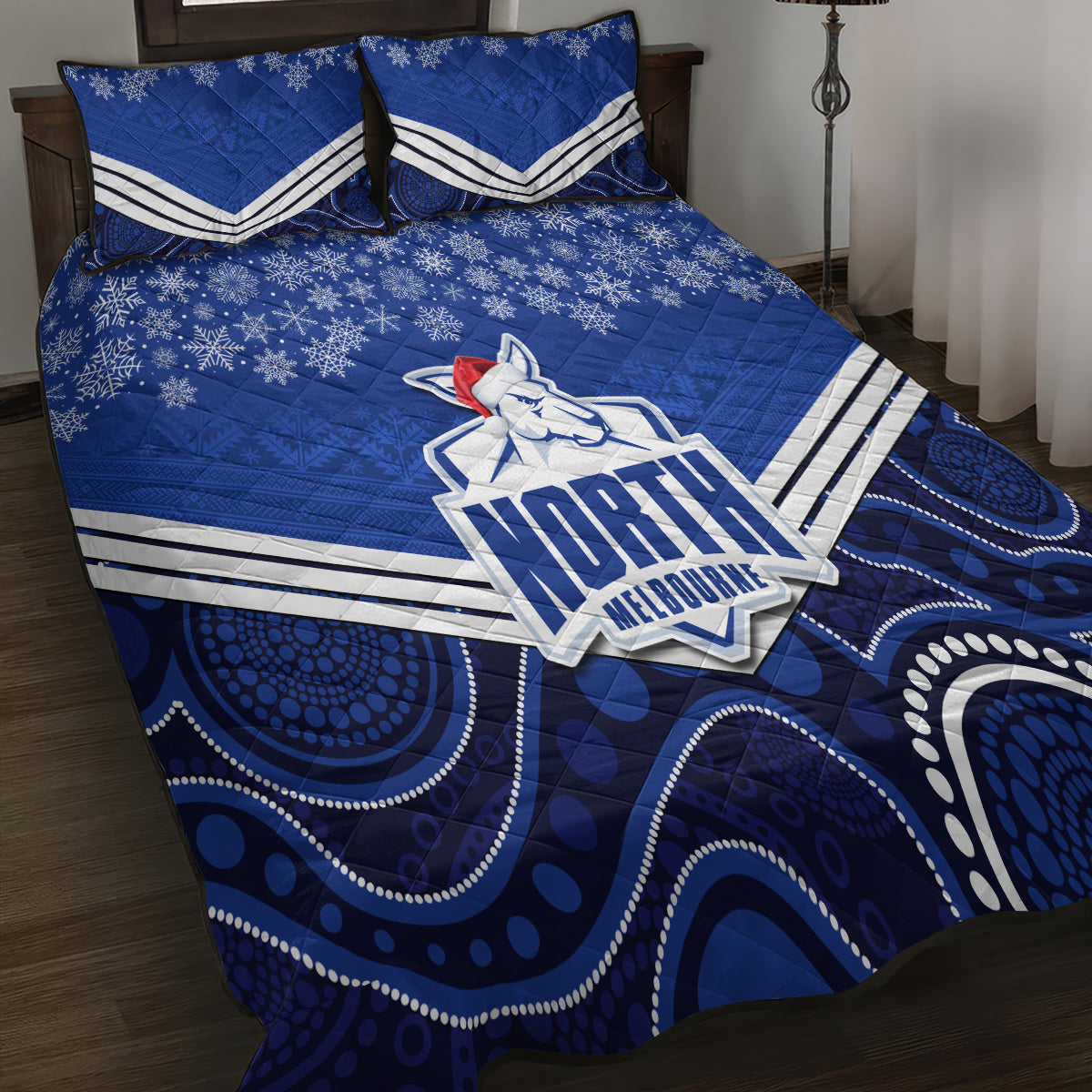 custom-north-melbourne-football-christmas-quilt-bed-set-merry-xmas-2023-mix-aboriginal-art