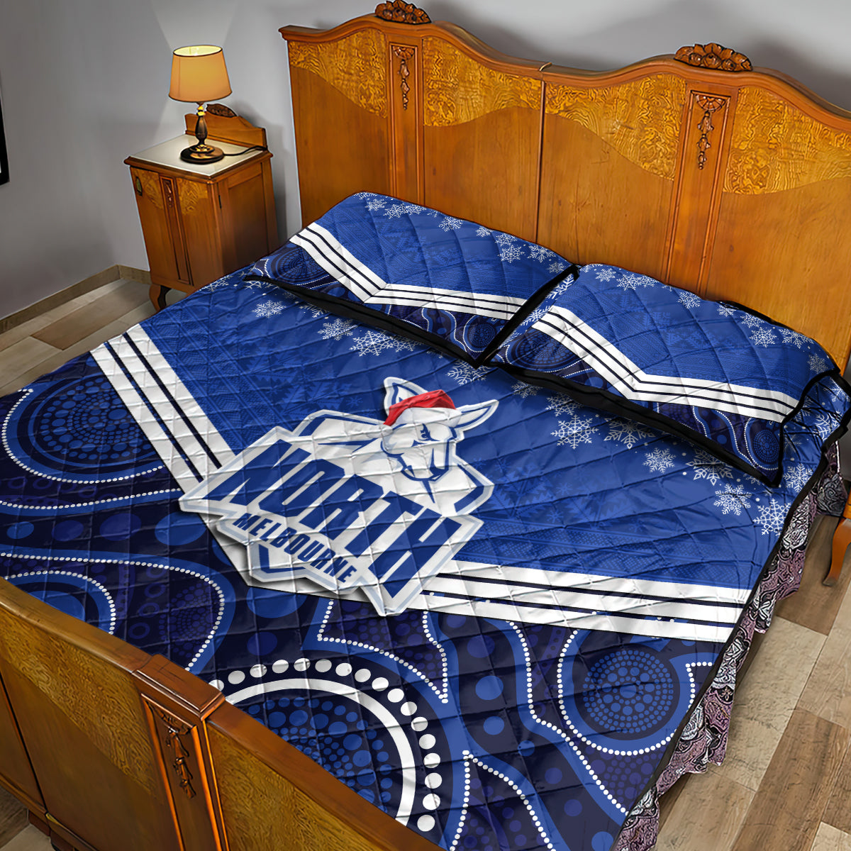 custom-north-melbourne-football-christmas-quilt-bed-set-merry-xmas-2023-mix-aboriginal-art