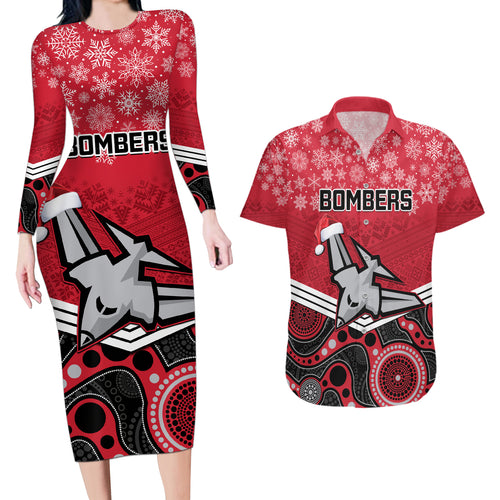 custom-essendon-football-christmas-couples-matching-long-sleeve-bodycon-dress-and-hawaiian-shirt-merry-xmas-2023-mix-aboriginal-art