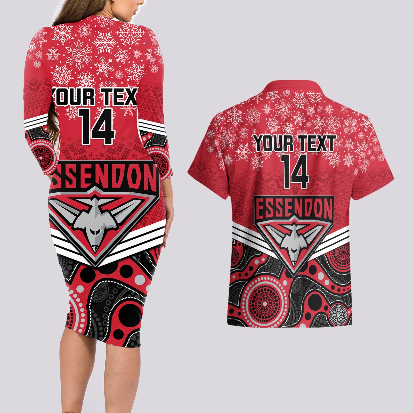 custom-essendon-football-christmas-couples-matching-long-sleeve-bodycon-dress-and-hawaiian-shirt-merry-xmas-2023-mix-aboriginal-art