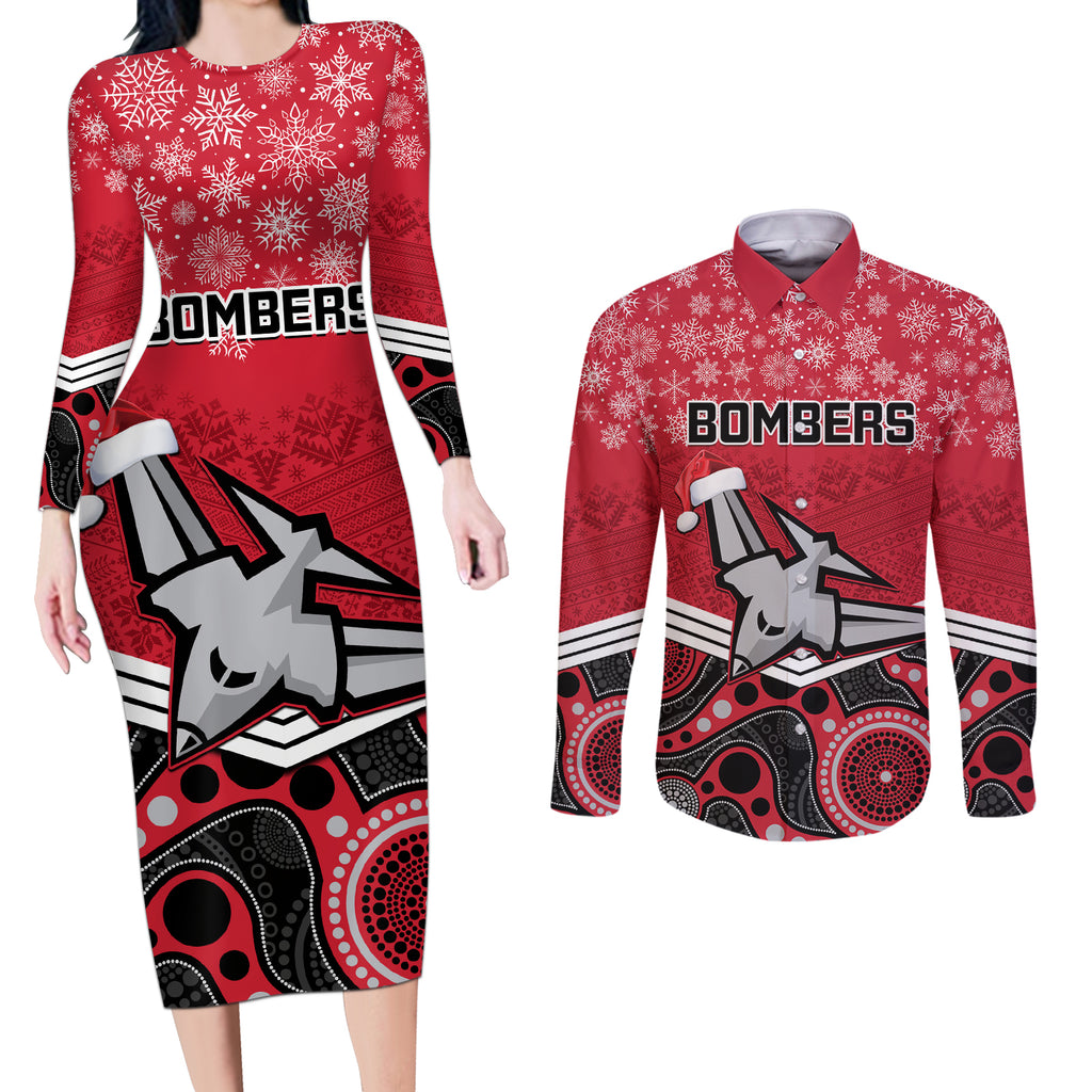 custom-essendon-football-christmas-couples-matching-long-sleeve-bodycon-dress-and-long-sleeve-button-shirt-merry-xmas-2023-mix-aboriginal-art