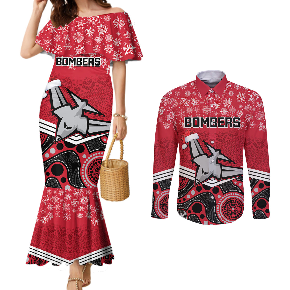 custom-essendon-football-christmas-couples-matching-mermaid-dress-and-long-sleeve-button-shirt-merry-xmas-2023-mix-aboriginal-art