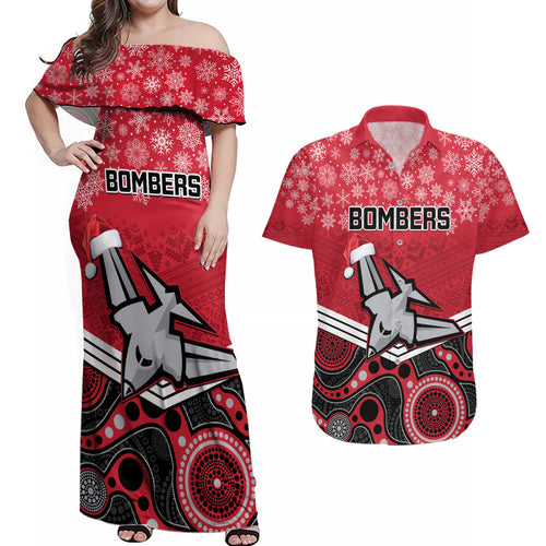 custom-essendon-football-christmas-couples-matching-off-shoulder-maxi-dress-and-hawaiian-shirt-merry-xmas-2023-mix-aboriginal-art