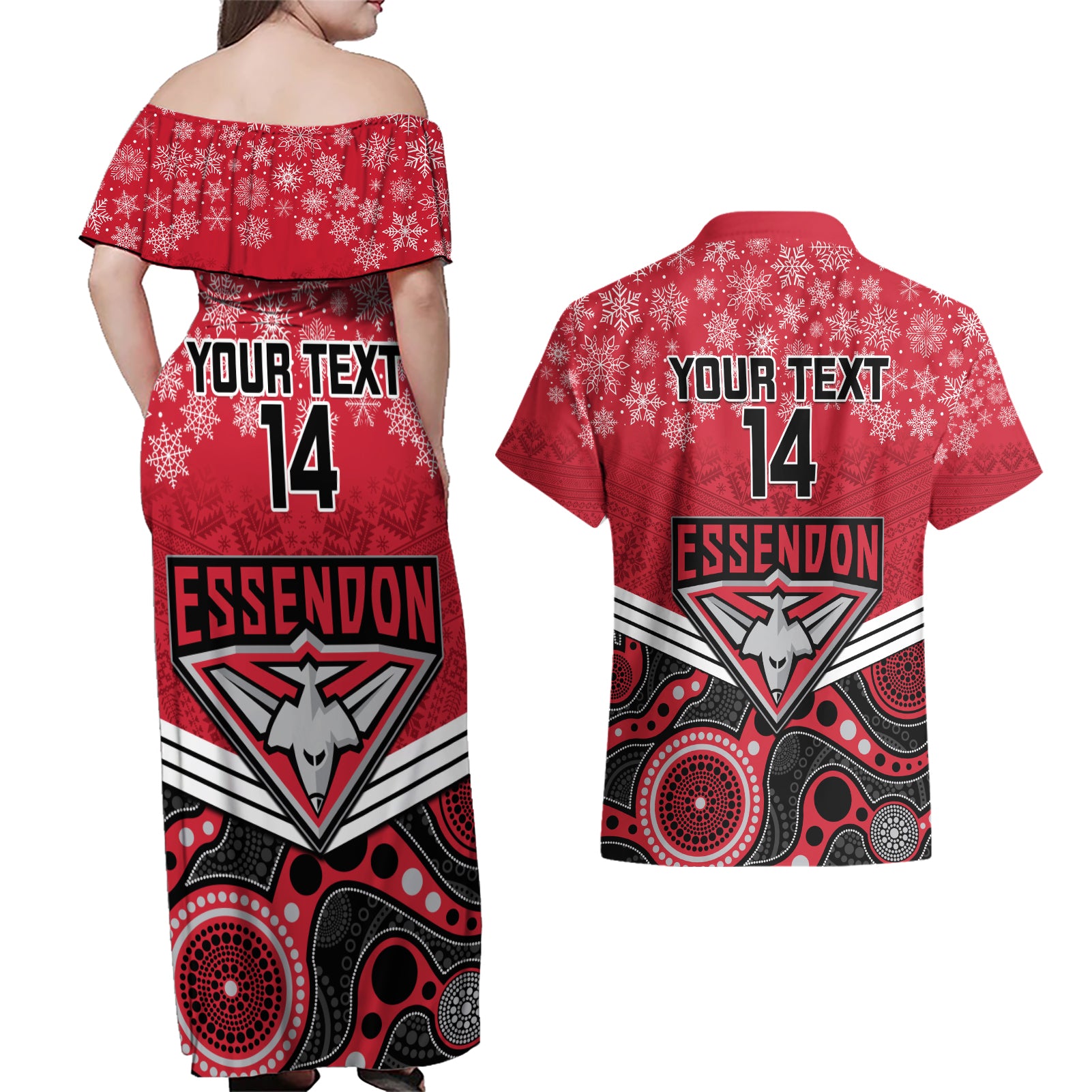 custom-essendon-football-christmas-couples-matching-off-shoulder-maxi-dress-and-hawaiian-shirt-merry-xmas-2023-mix-aboriginal-art