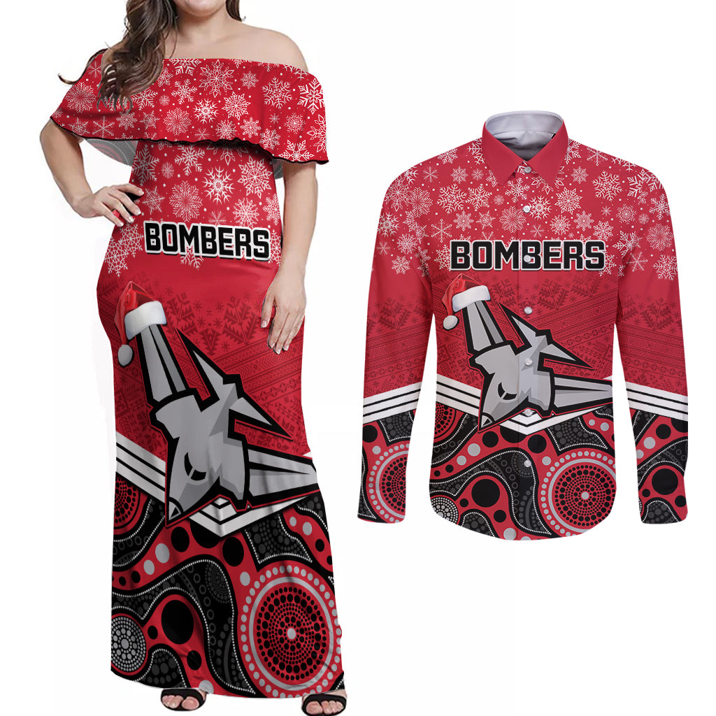 custom-essendon-football-christmas-couples-matching-off-shoulder-maxi-dress-and-long-sleeve-button-shirt-merry-xmas-2023-mix-aboriginal-art