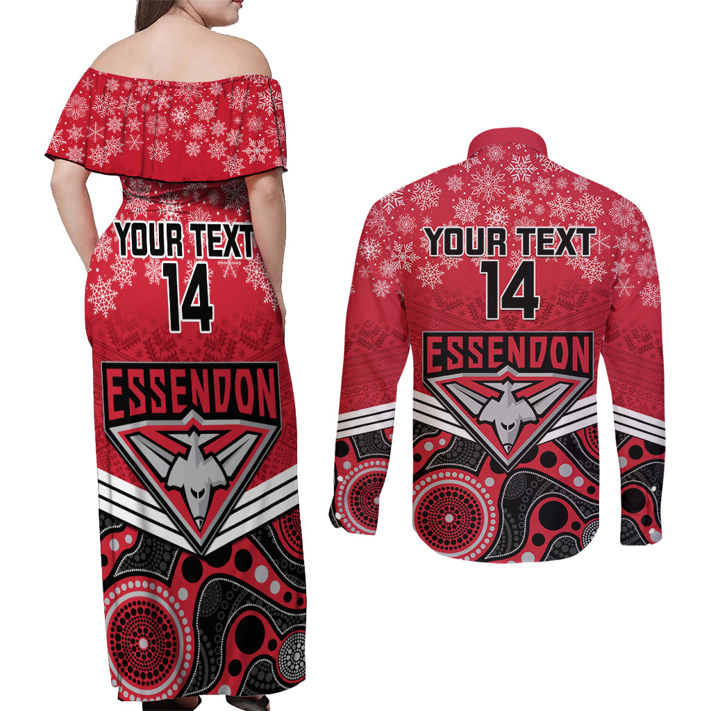 custom-essendon-football-christmas-couples-matching-off-shoulder-maxi-dress-and-long-sleeve-button-shirt-merry-xmas-2023-mix-aboriginal-art