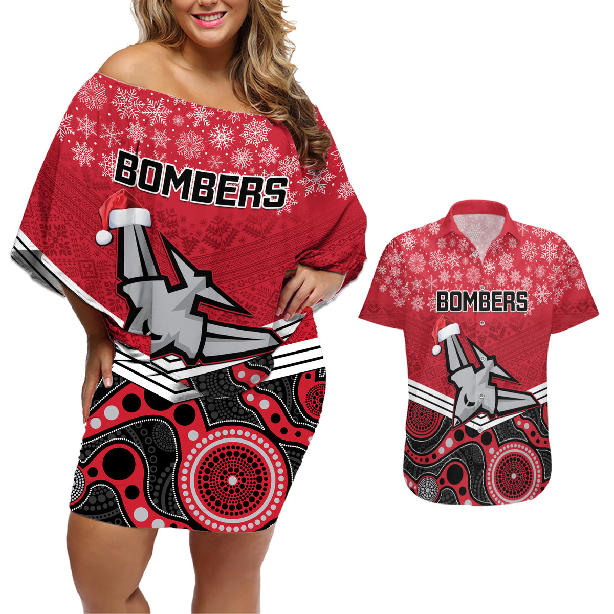 custom-essendon-football-christmas-couples-matching-off-shoulder-short-dress-and-hawaiian-shirt-merry-xmas-2023-mix-aboriginal-art