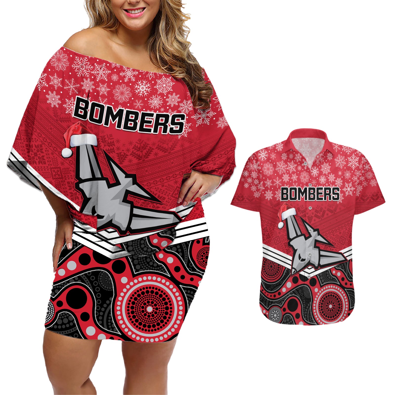 custom-essendon-football-christmas-couples-matching-off-shoulder-short-dress-and-hawaiian-shirt-merry-xmas-2023-mix-aboriginal-art
