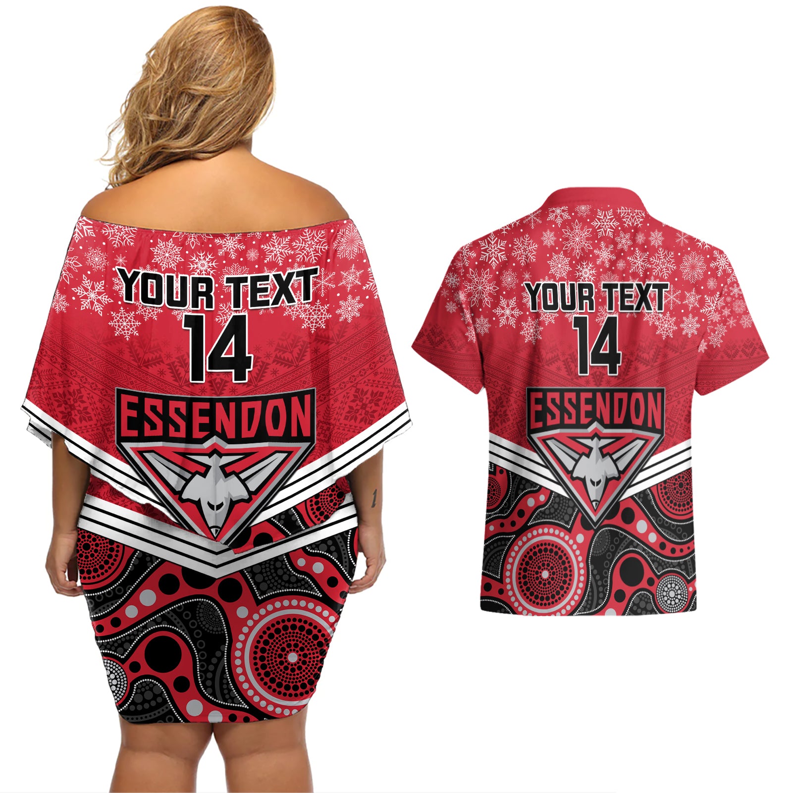 custom-essendon-football-christmas-couples-matching-off-shoulder-short-dress-and-hawaiian-shirt-merry-xmas-2023-mix-aboriginal-art