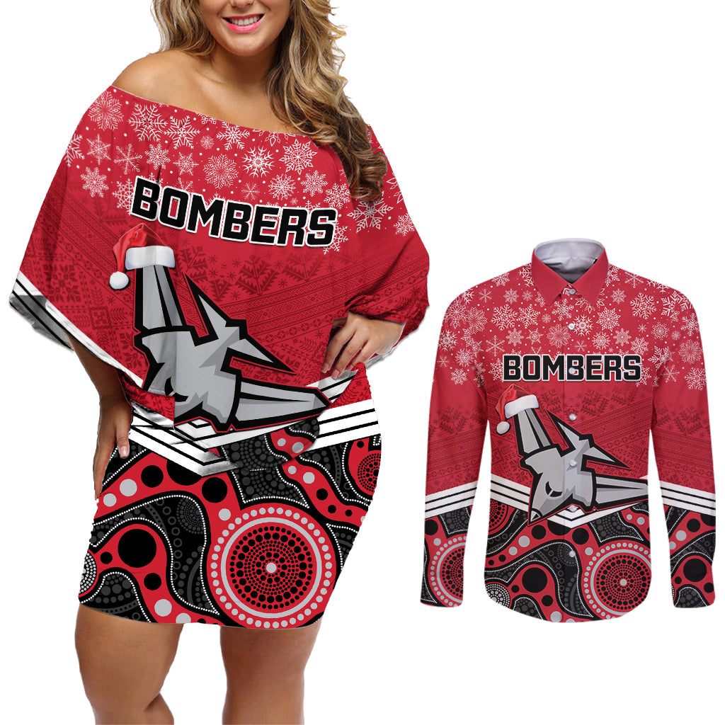 custom-essendon-football-christmas-couples-matching-off-shoulder-short-dress-and-long-sleeve-button-shirt-merry-xmas-2023-mix-aboriginal-art