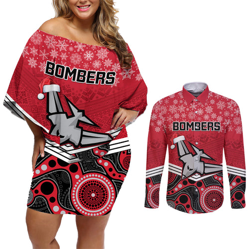 custom-essendon-football-christmas-couples-matching-off-shoulder-short-dress-and-long-sleeve-button-shirt-merry-xmas-2023-mix-aboriginal-art
