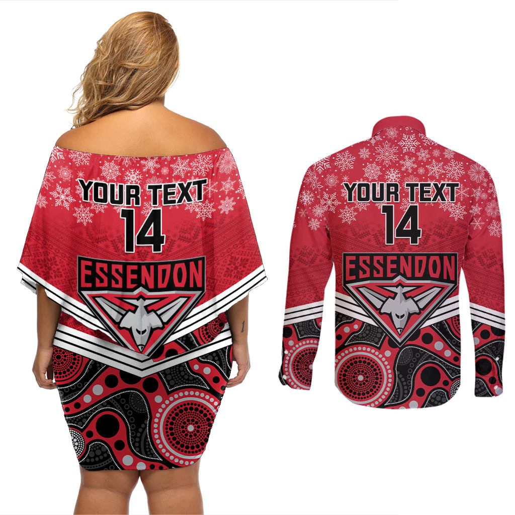 custom-essendon-football-christmas-couples-matching-off-shoulder-short-dress-and-long-sleeve-button-shirt-merry-xmas-2023-mix-aboriginal-art